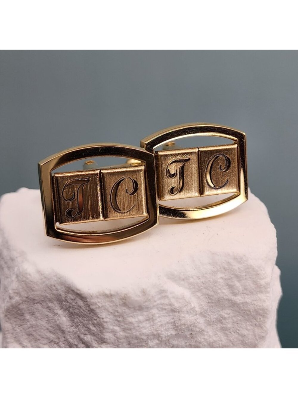 Gold Tone TC Initial Monogram Cufflinks Vintage Style Framed Men's Accessory